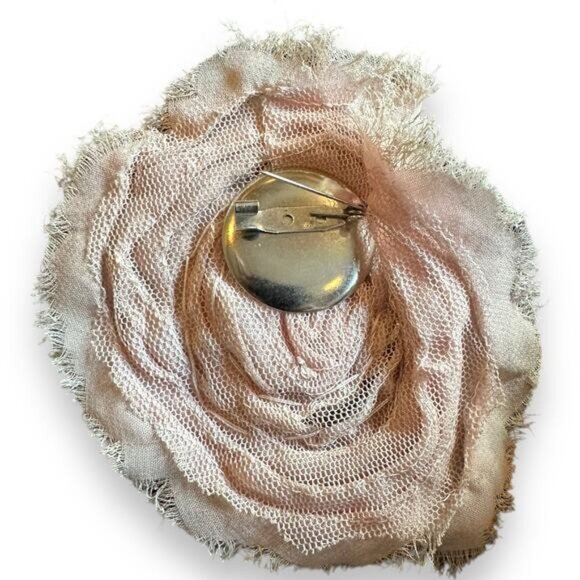 Frayed Fabric Rose Brooch Pin With Mesh Layer & Safety Closure - Picture 4 of 6